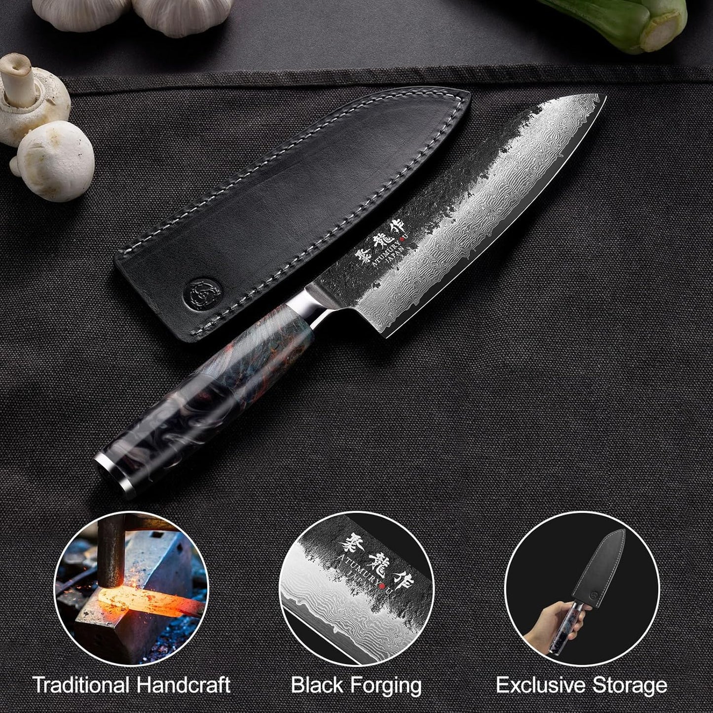 5.5'' Japanese Utility Knife, 67-Layer Damascus VG10 Steel | Kurouchi Forged Finish, Fruit, Vegetable & Herb Prep, Compact Blade Control, Leather Sheath Included, Premium Gift Box