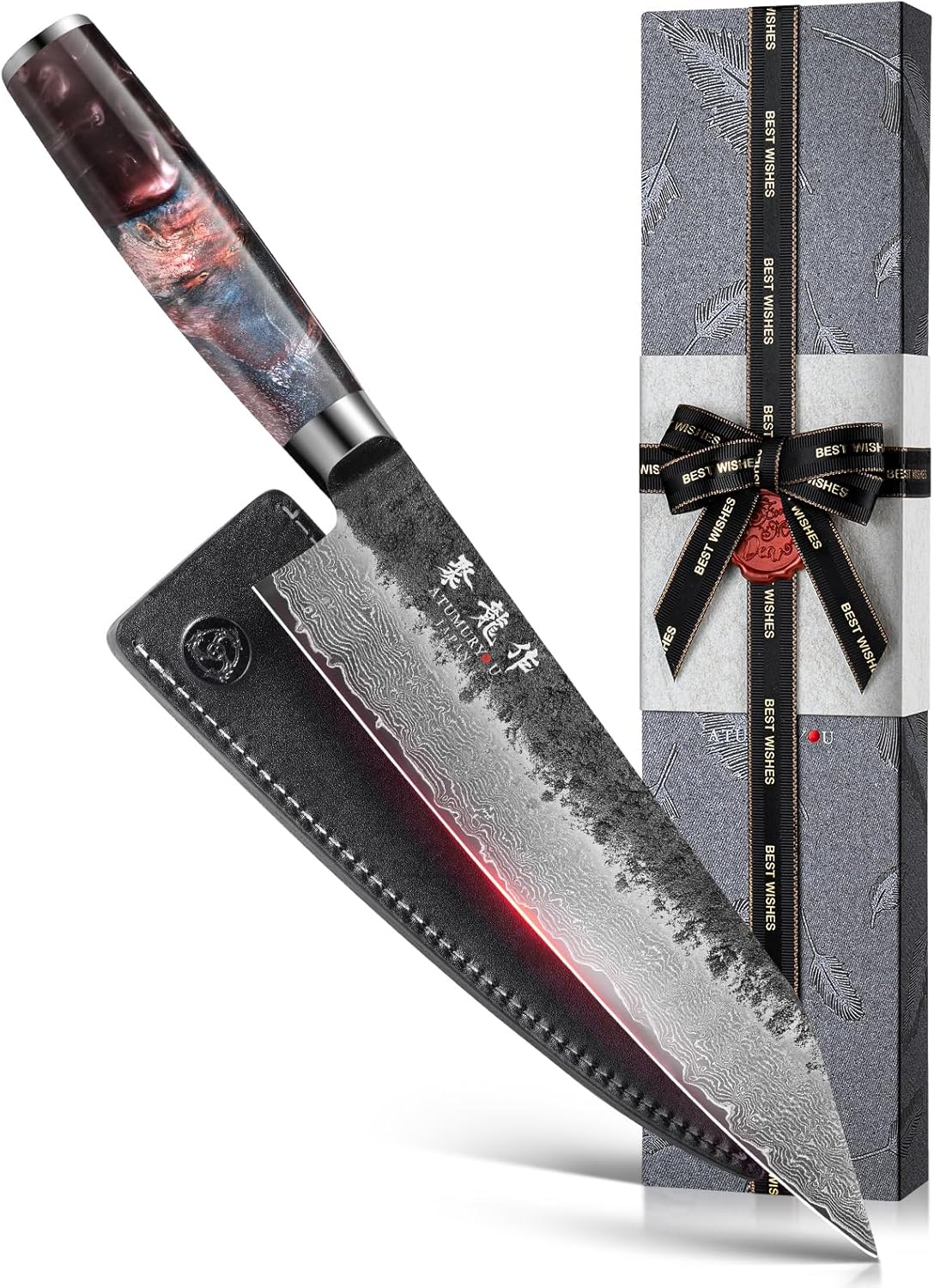 5.5'' Japanese Utility Knife, 67-Layer Damascus VG10 Steel | Kurouchi Forged Finish, Fruit, Vegetable & Herb Prep, Compact Blade Control, Leather Sheath Included, Premium Gift Box