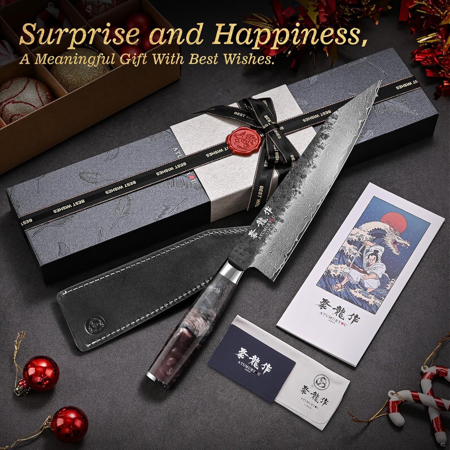 5.5'' Japanese Utility Knife, 67-Layer Damascus VG10 Steel | Kurouchi Forged Finish, Fruit, Vegetable & Herb Prep, Compact Blade Control, Leather Sheath Included, Premium Gift Box