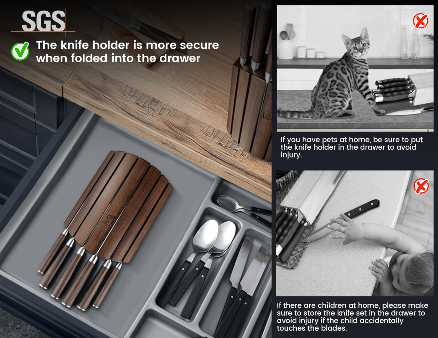 2026 Upgrade Knife Set 7 Piece Japanese Style Kitchen Knife Set With Foldable Magnetic Acacia Wood Block Sharp High Carbon Stainless Steel Chef Knives Set with Anti-slip Handle, Ideal for Gift
