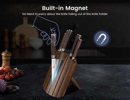 2026 Upgrade Knife Set 7 Piece Japanese Style Kitchen Knife Set With Foldable Magnetic Acacia Wood Block Sharp High Carbon Stainless Steel Chef Knives Set with Anti-slip Handle, Ideal for Gift