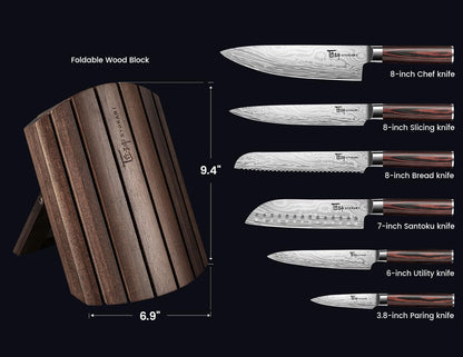 2026 Upgrade Knife Set 7 Piece Japanese Style Kitchen Knife Set With Foldable Magnetic Acacia Wood Block Sharp High Carbon Stainless Steel Chef Knives Set with Anti-slip Handle, Ideal for Gift