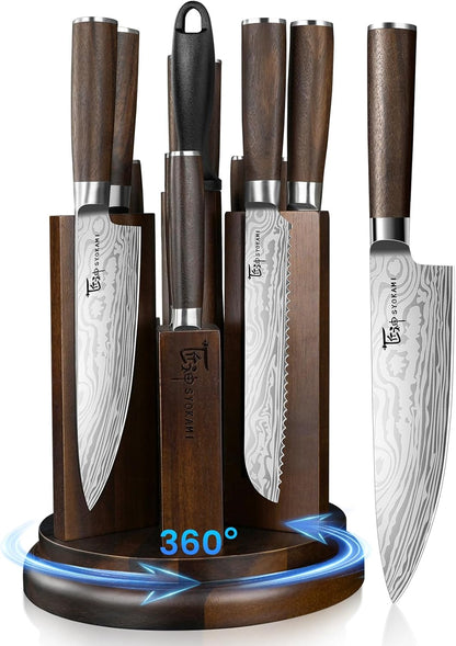 2026 Upgrade Knife Set 7 Piece Japanese Style Kitchen Knife Set With Foldable Magnetic Acacia Wood Block Sharp High Carbon Stainless Steel Chef Knives Set with Anti-slip Handle, Ideal for Gift