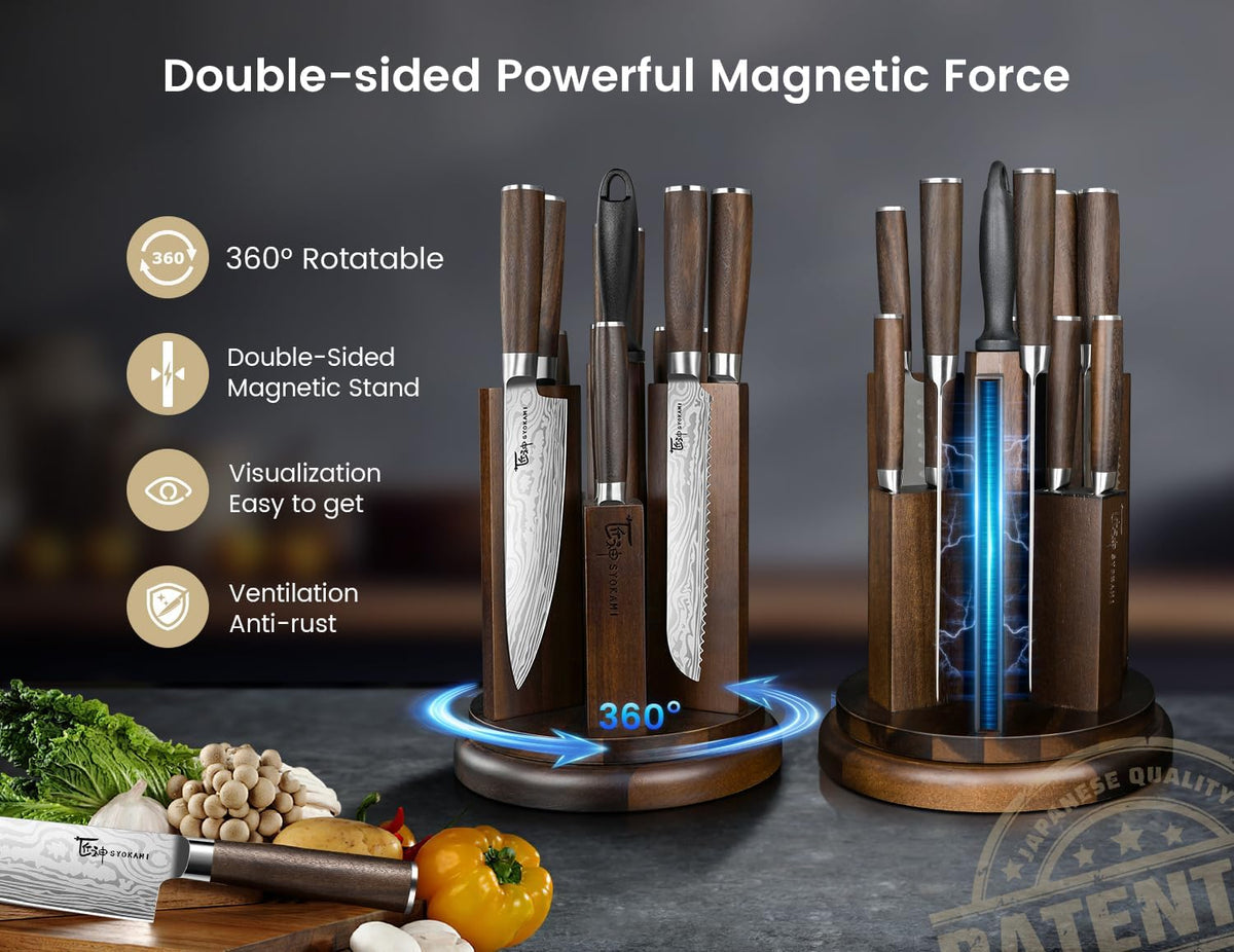 2026 Upgrade Knife Set 7 Piece Japanese Style Kitchen Knife Set With Foldable Magnetic Acacia Wood Block Sharp High Carbon Stainless Steel Chef Knives Set with Anti-slip Handle, Ideal for Gift