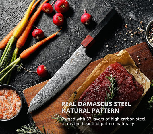Kiritsuke Chef Knife 8.5 Inch, Japanese Damascus Knife 67-Layer Steel with G10 Handle - Sharp VG-10 High Carbon Stainless Steel for Home and Kitchen