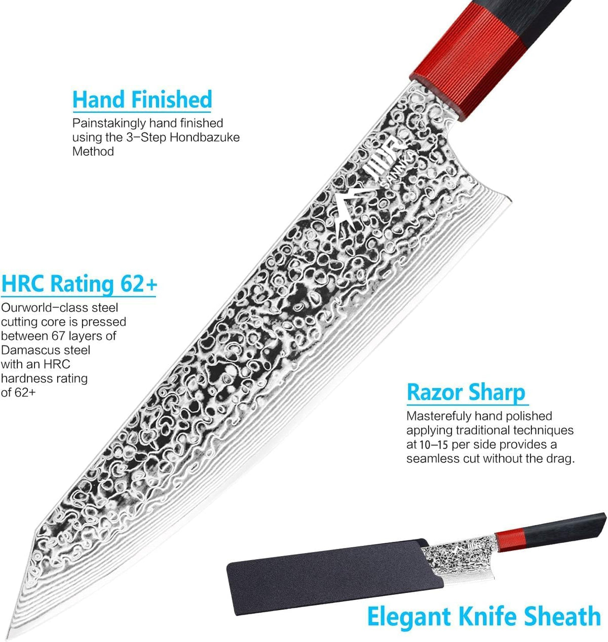 Kiritsuke Chef Knife 8.5 Inch, Japanese Damascus Knife 67-Layer Steel with G10 Handle - Sharp VG-10 High Carbon Stainless Steel for Home and Kitchen