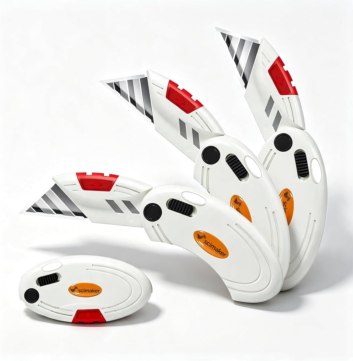 Lightweight Folding Utility Knife, Button Lock, 4-Pack White