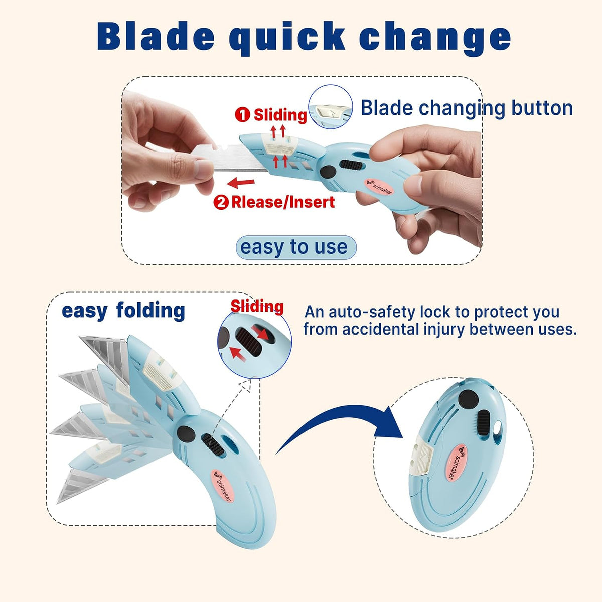 Lightweight Folding Utility Knife, Button Lock, 4-Pack White