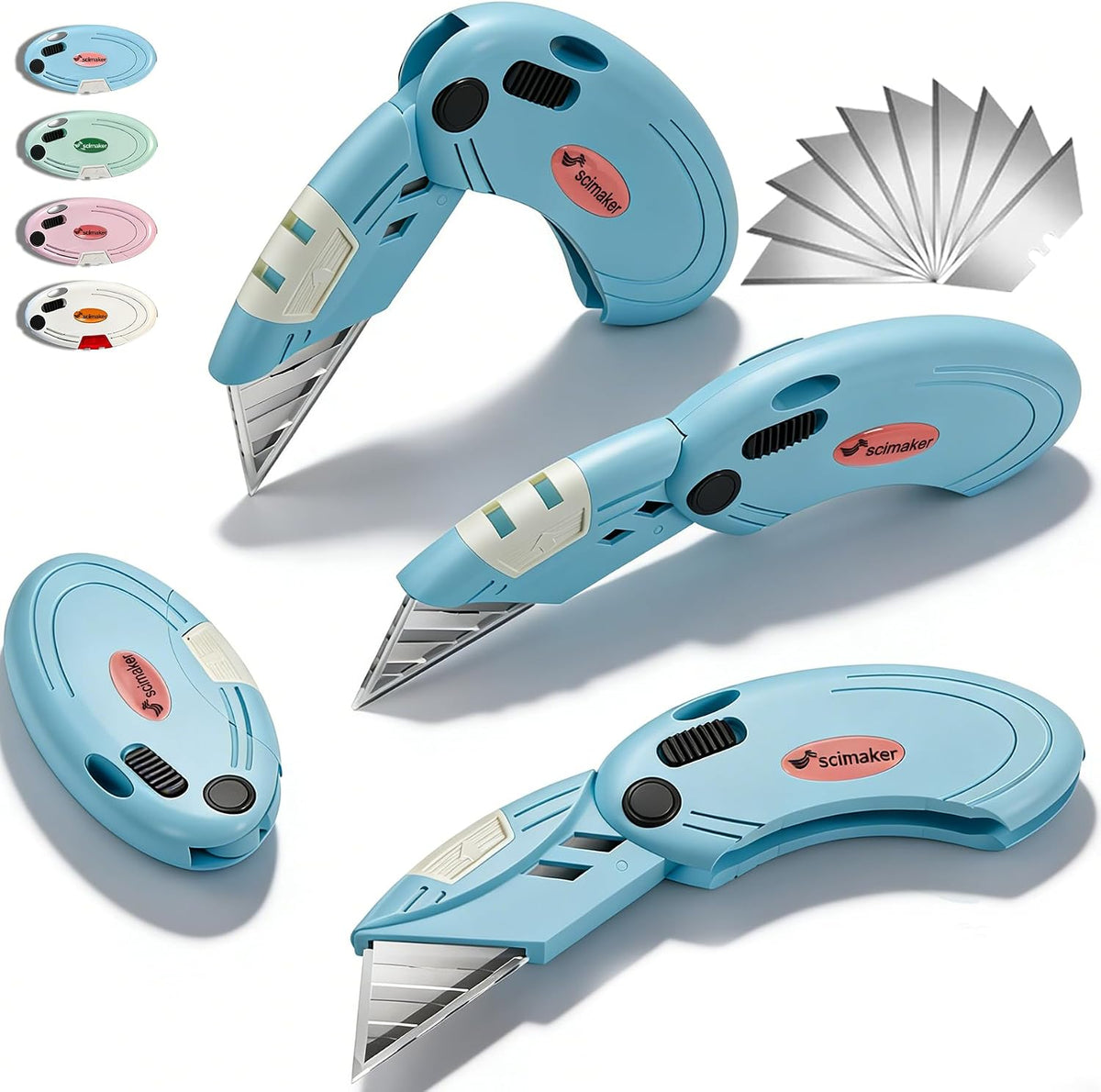 Lightweight Folding Utility Knife, Button Lock, 4-Pack White