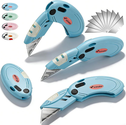 Lightweight Folding Utility Knife, Button Lock, 4-Pack White