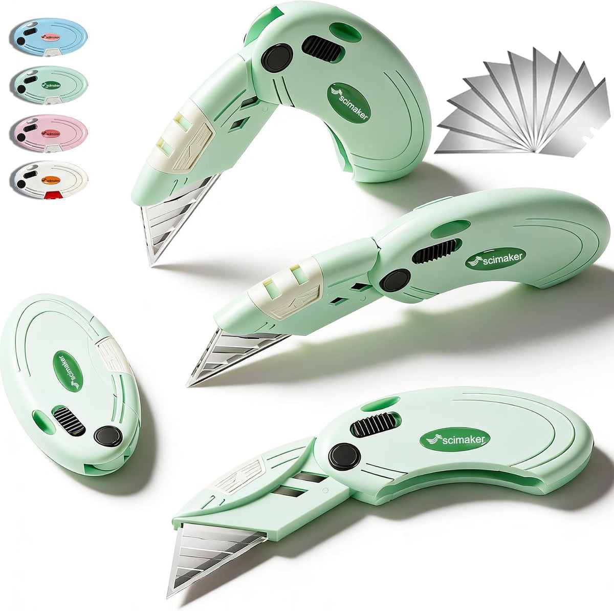 Lightweight Folding Utility Knife, Button Lock, 4-Pack White