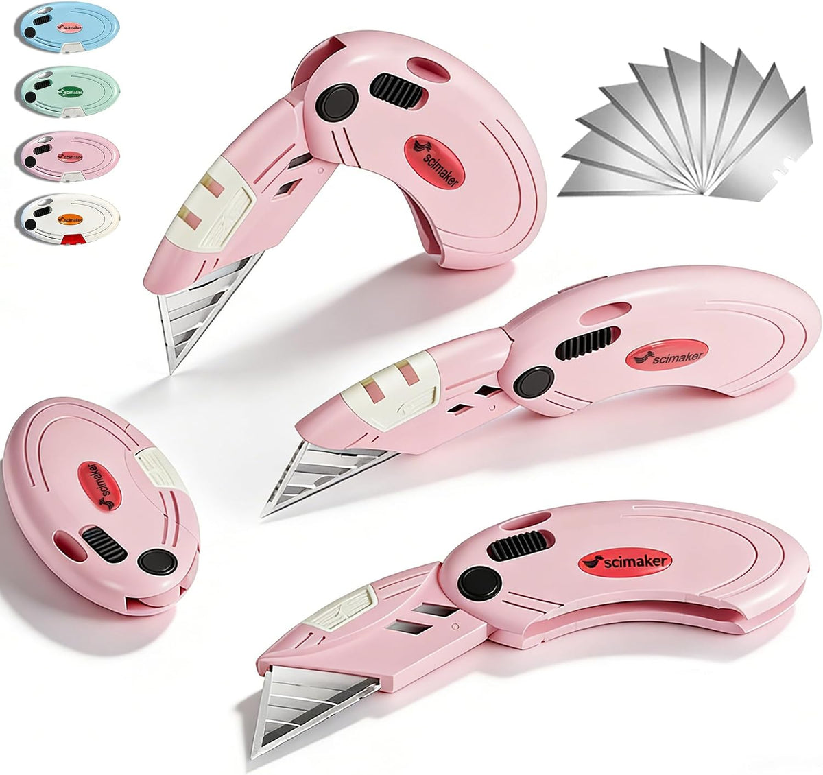 Lightweight Folding Utility Knife, Button Lock, 4-Pack White