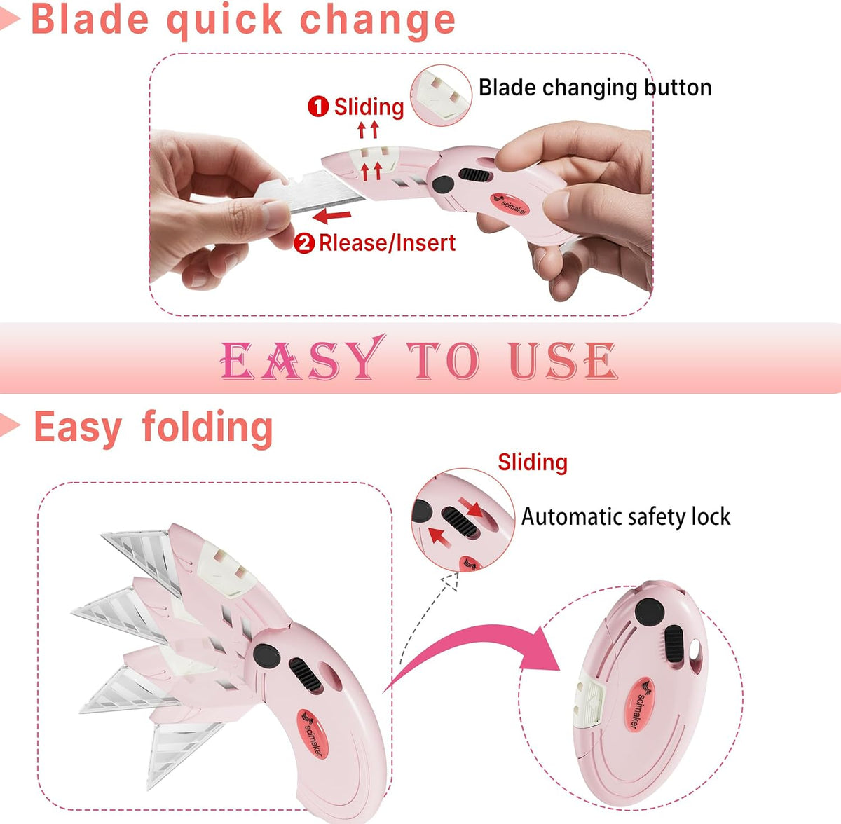Lightweight Folding Utility Knife, Button Lock, 4-Pack White