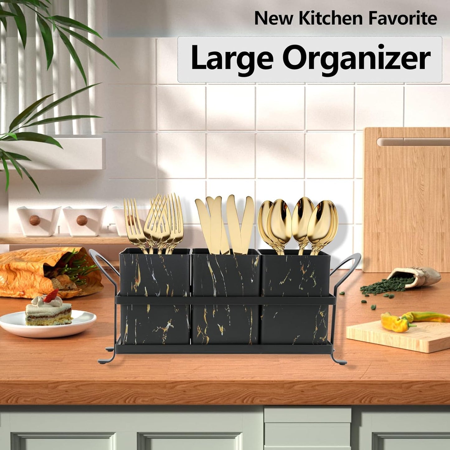 Flatware, Cutlery,Kitchen Utensil & Silverware Caddy Organizer Bin Holder for Forks, Spoons, Knives - Perfect for Kitchen Countertop- Black