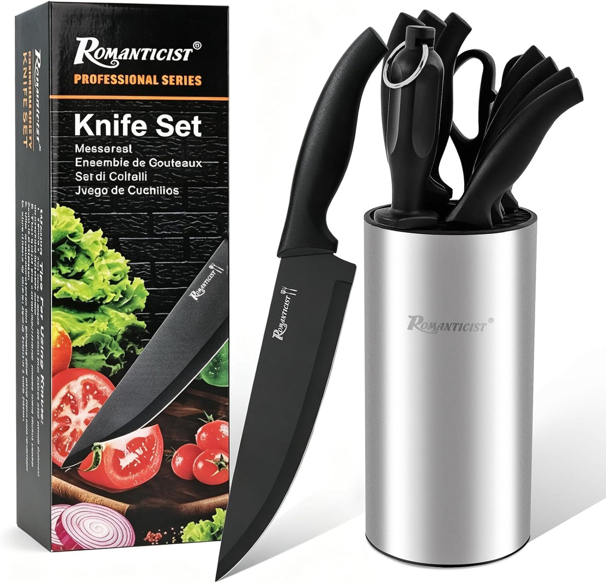 Knife Set, 10 Pieces Knife Block Set - Stainless Steel Kitchen Knives with Sharpener and Cheese Knife, Non-Slip Ergonomic Handles, Exquisite Knives Set - Stylish Black