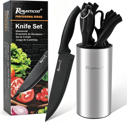 Knife Set, 10 Pieces Knife Block Set - Stainless Steel Kitchen Knives with Sharpener and Cheese Knife, Non-Slip Ergonomic Handles, Exquisite Knives Set - Stylish Black