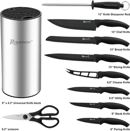 Knife Set, 10 Pieces Knife Block Set - Stainless Steel Kitchen Knives with Sharpener and Cheese Knife, Non-Slip Ergonomic Handles, Exquisite Knives Set - Stylish Black