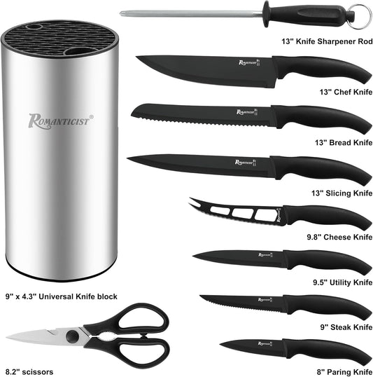 Knife Set, 10 Pieces Knife Block Set - Stainless Steel Kitchen Knives with Sharpener and Cheese Knife, Non-Slip Ergonomic Handles, Exquisite Knives Set - Stylish Black