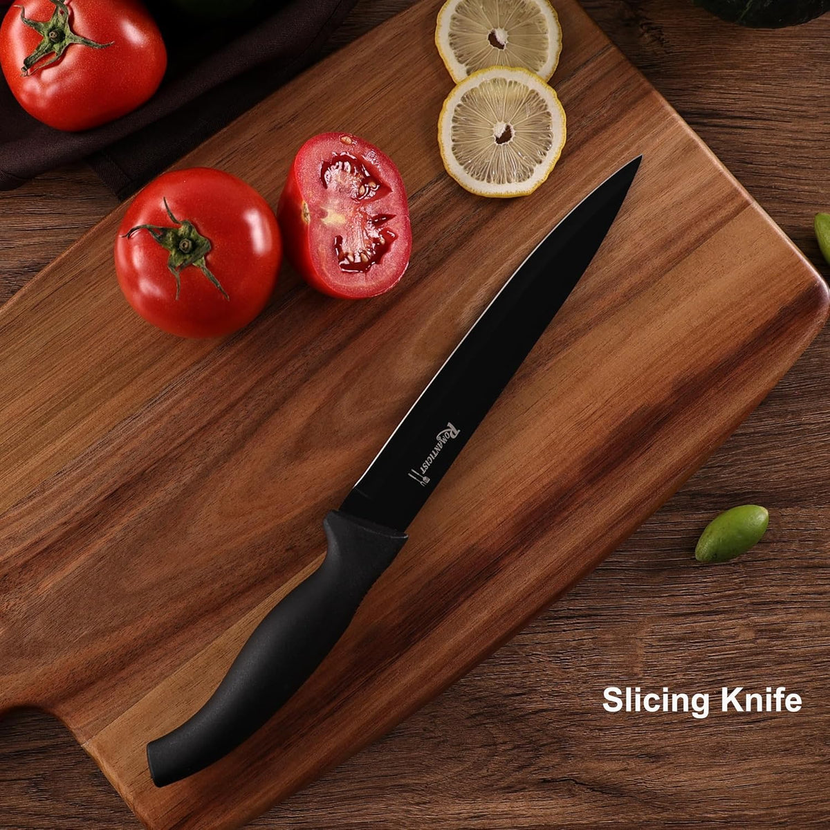 Knife Set, 10 Pieces Knife Block Set - Stainless Steel Kitchen Knives with Sharpener and Cheese Knife, Non-Slip Ergonomic Handles, Exquisite Knives Set - Stylish Black