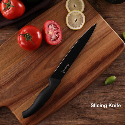Knife Set, 10 Pieces Knife Block Set - Stainless Steel Kitchen Knives with Sharpener and Cheese Knife, Non-Slip Ergonomic Handles, Exquisite Knives Set - Stylish Black