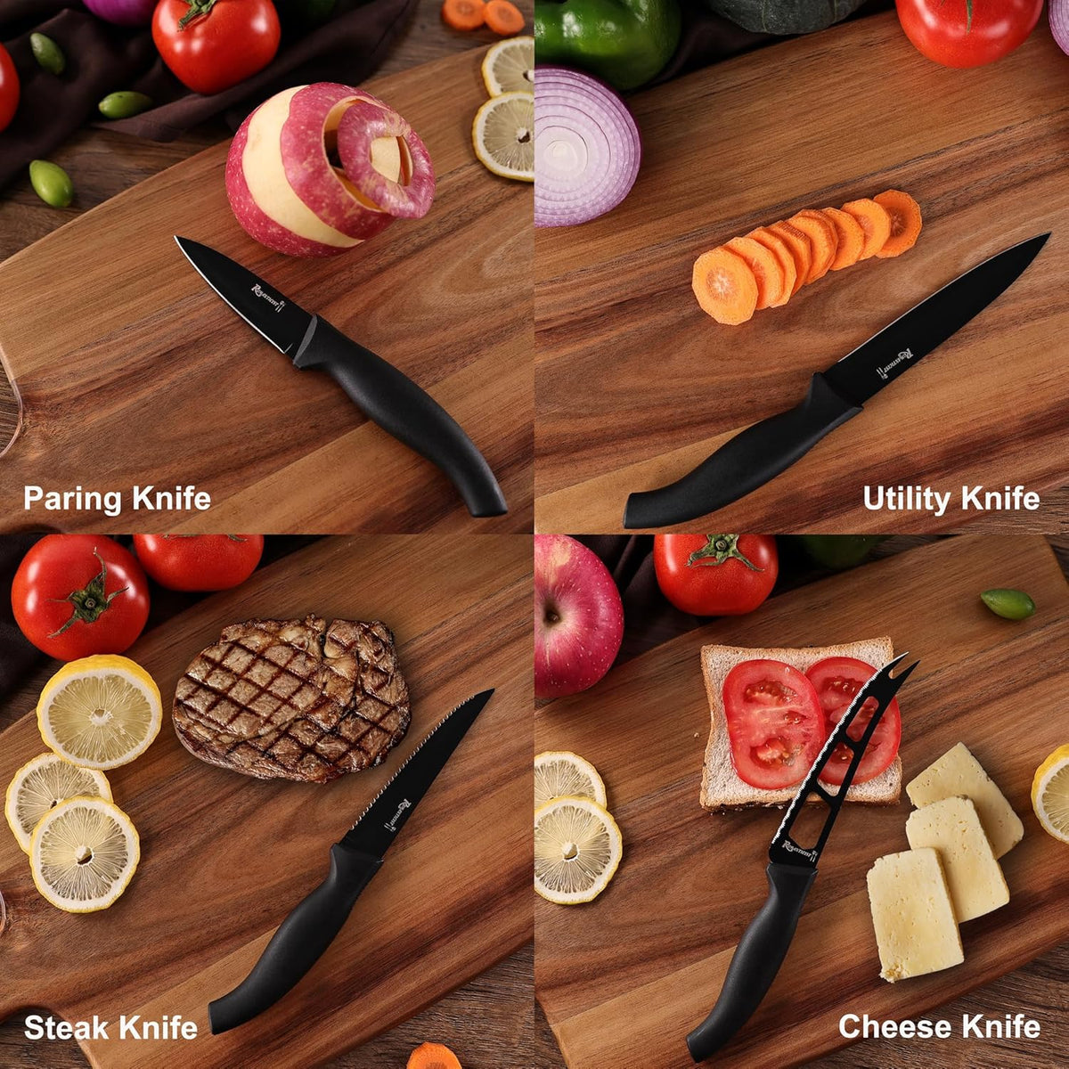 Knife Set, 10 Pieces Knife Block Set - Stainless Steel Kitchen Knives with Sharpener and Cheese Knife, Non-Slip Ergonomic Handles, Exquisite Knives Set - Stylish Black