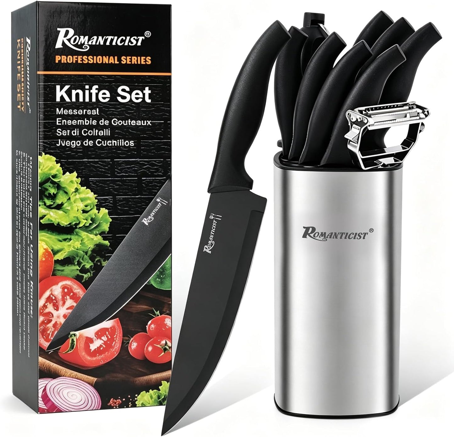 Knife Set, 10 Pieces Knife Block Set - Stainless Steel Kitchen Knives with Sharpener and Cheese Knife, Non-Slip Ergonomic Handles, Exquisite Knives Set - Stylish Black