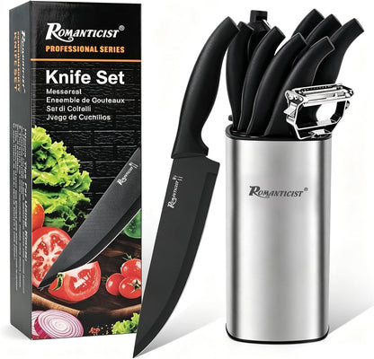 Knife Set, 10 Pieces Knife Block Set - Stainless Steel Kitchen Knives with Sharpener and Cheese Knife, Non-Slip Ergonomic Handles, Exquisite Knives Set - Stylish Black