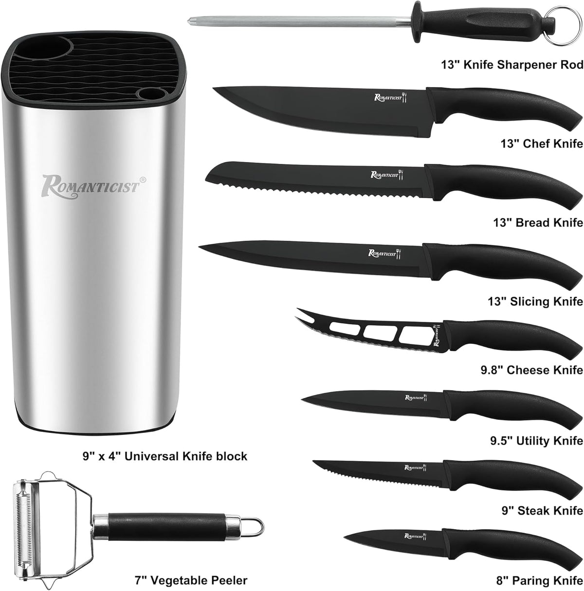 Knife Set, 10 Pieces Knife Block Set - Stainless Steel Kitchen Knives with Sharpener and Cheese Knife, Non-Slip Ergonomic Handles, Exquisite Knives Set - Stylish Black