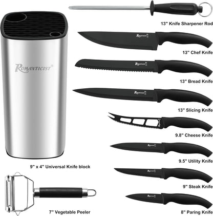 Knife Set, 10 Pieces Knife Block Set - Stainless Steel Kitchen Knives with Sharpener and Cheese Knife, Non-Slip Ergonomic Handles, Exquisite Knives Set - Stylish Black