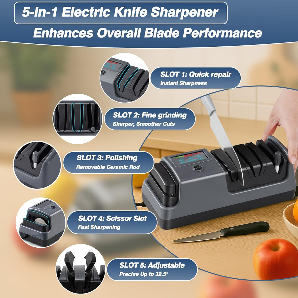 𝑼𝒑𝒈𝒓𝒂𝒅𝒆𝒅 5 in 1 Electric Knife and Scissor Sharpener, Electric Knife Sharpeners for Kitchen Knives, 3 Speeds Fast Knives Sharpening, Diamond Abrasives & LCD Display