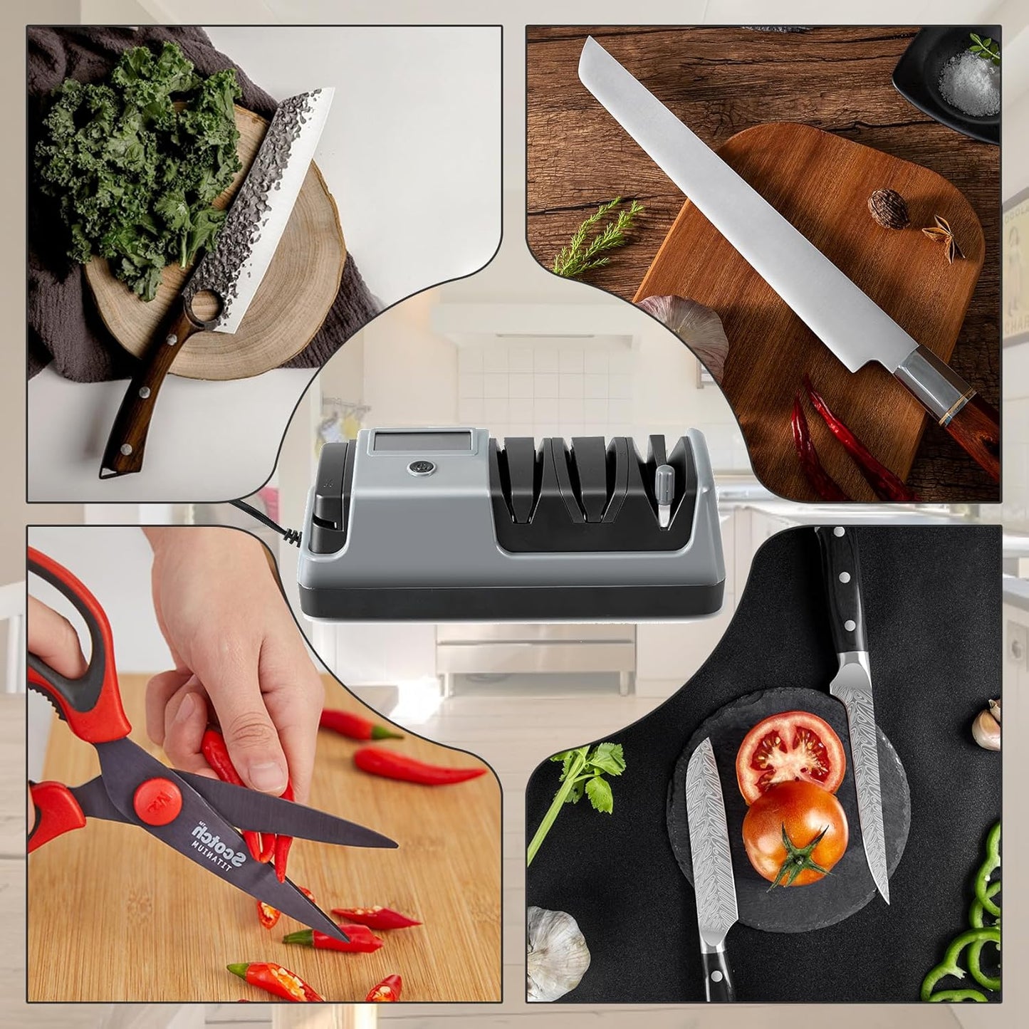 𝑼𝒑𝒈𝒓𝒂𝒅𝒆𝒅 5 in 1 Electric Knife and Scissor Sharpener, Electric Knife Sharpeners for Kitchen Knives, 3 Speeds Fast Knives Sharpening, Diamond Abrasives & LCD Display