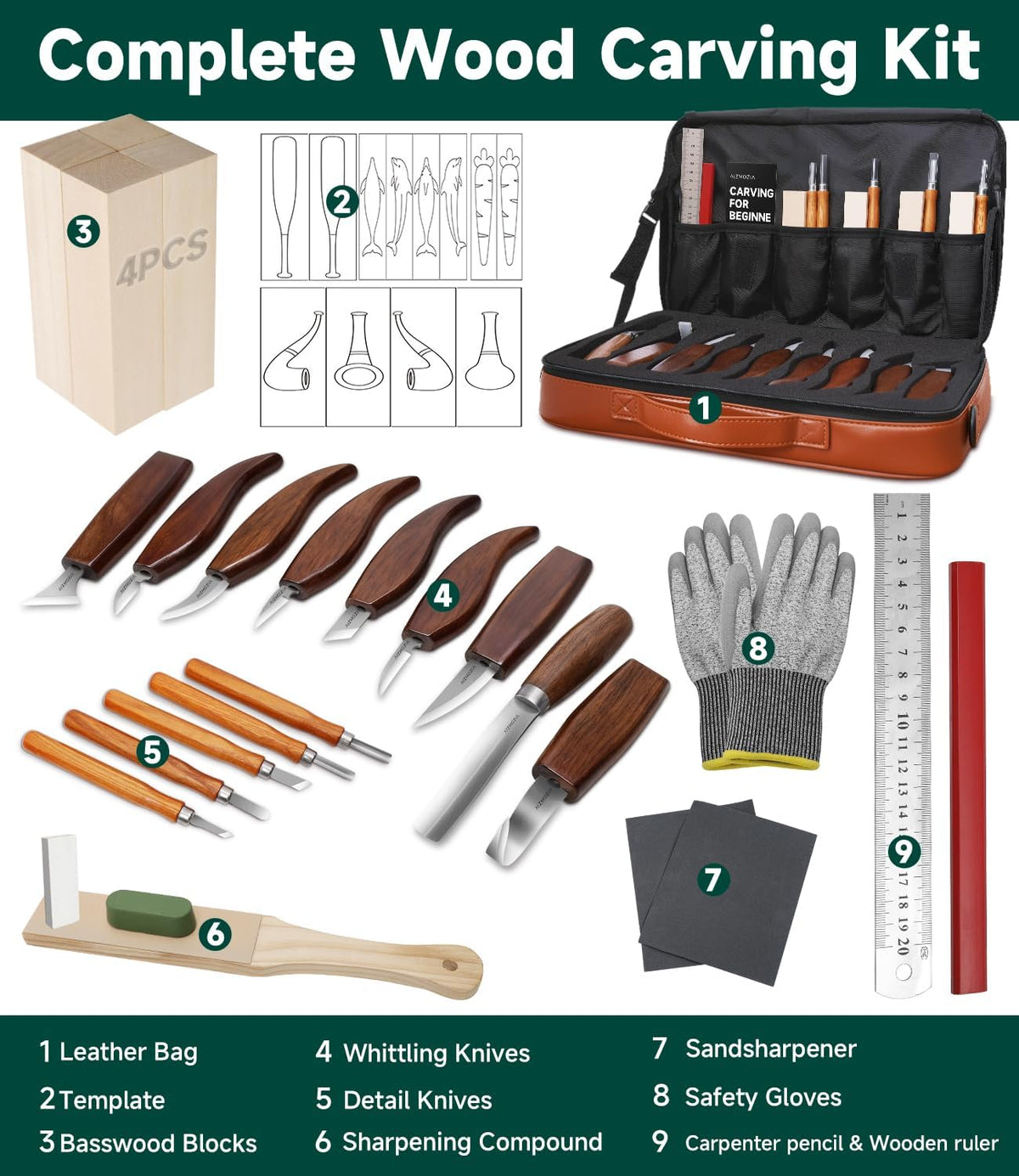 Wood Carving Kit, 30Pcs Wood Carving Tools Set with Leather Storage Bag, Deluxe Whittling Kit, 9 Wood Carving Knives 5 Chisels 4 Blocks (30-Piece Leather Bag Set)