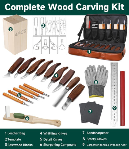 Wood Carving Kit, 30Pcs Wood Carving Tools Set with Leather Storage Bag, Deluxe Whittling Kit, 9 Wood Carving Knives 5 Chisels 4 Blocks (30-Piece Leather Bag Set)