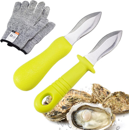 Oyster Shucking Kit - Knife Set With Stainless Steel Blade and Non-slip Handle (2 Knives + 2 Gloves)