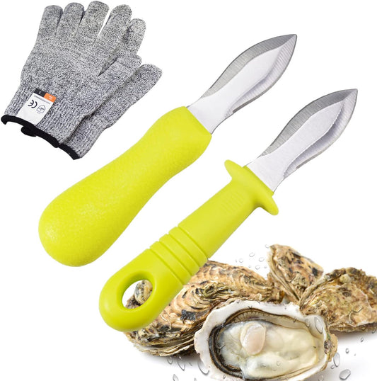 Oyster Shucking Kit - Knife Set With Stainless Steel Blade and Non-slip Handle (2 Knives + 2 Gloves)
