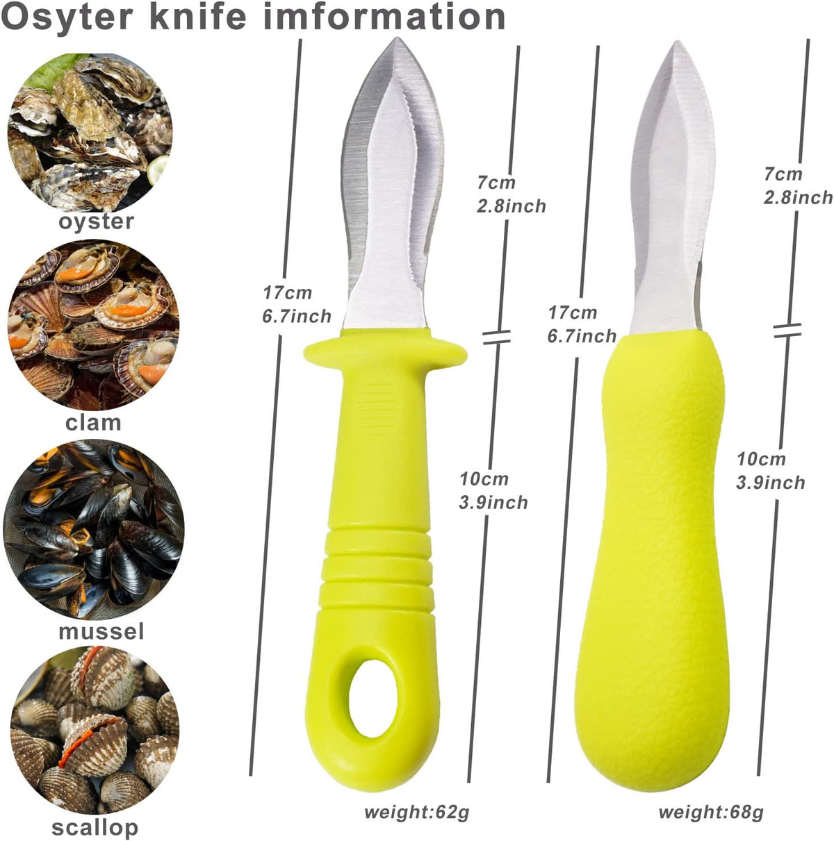 Oyster Shucking Kit - Knife Set With Stainless Steel Blade and Non-slip Handle (2 Knives + 2 Gloves)