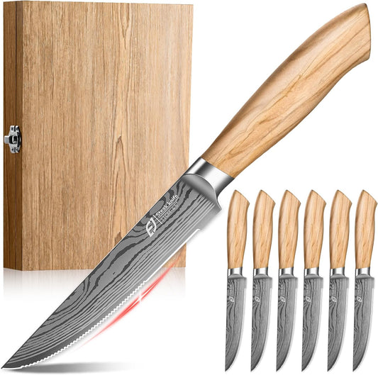 Steak Knives Set of 6, 4.5 Inches Serrated Steak Knife Set, German Stainless Steel Kitchen Steak Knives with Original Olive Wood Handle and Wooden Gift Box