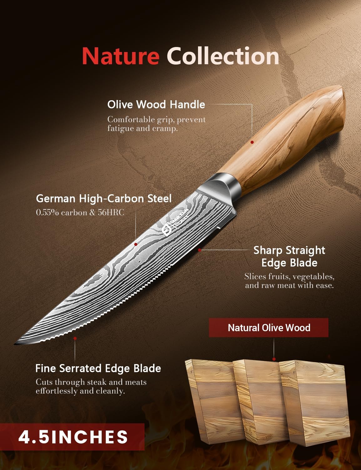 Steak Knives Set of 6, 4.5 Inches Serrated Steak Knife Set, German Stainless Steel Kitchen Steak Knives with Original Olive Wood Handle and Wooden Gift Box