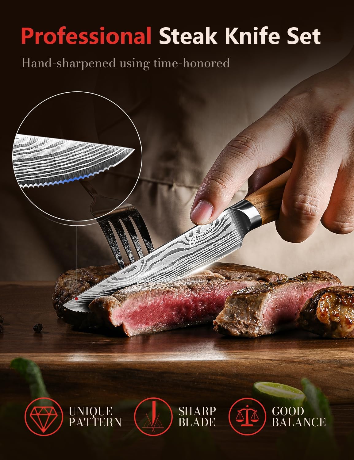 Steak Knives Set of 6, 4.5 Inches Serrated Steak Knife Set, German Stainless Steel Kitchen Steak Knives with Original Olive Wood Handle and Wooden Gift Box