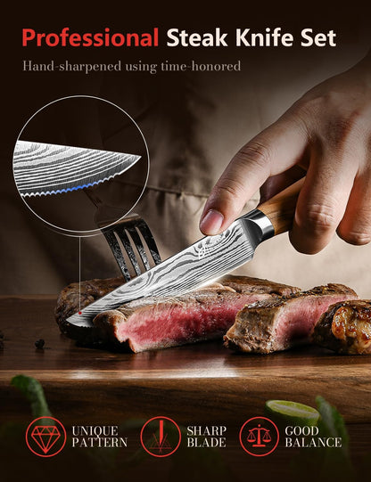 Steak Knives Set of 6, 4.5 Inches Serrated Steak Knife Set, German Stainless Steel Kitchen Steak Knives with Original Olive Wood Handle and Wooden Gift Box