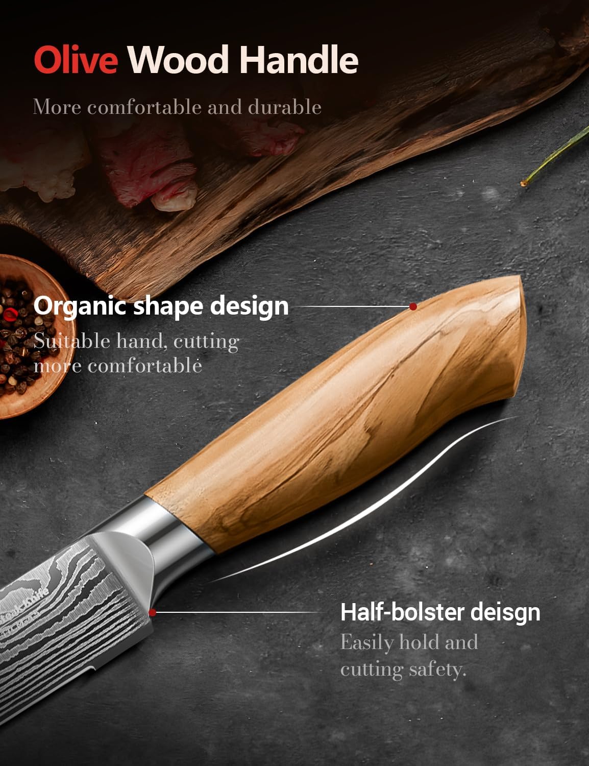 Steak Knives Set of 6, 4.5 Inches Serrated Steak Knife Set, German Stainless Steel Kitchen Steak Knives with Original Olive Wood Handle and Wooden Gift Box