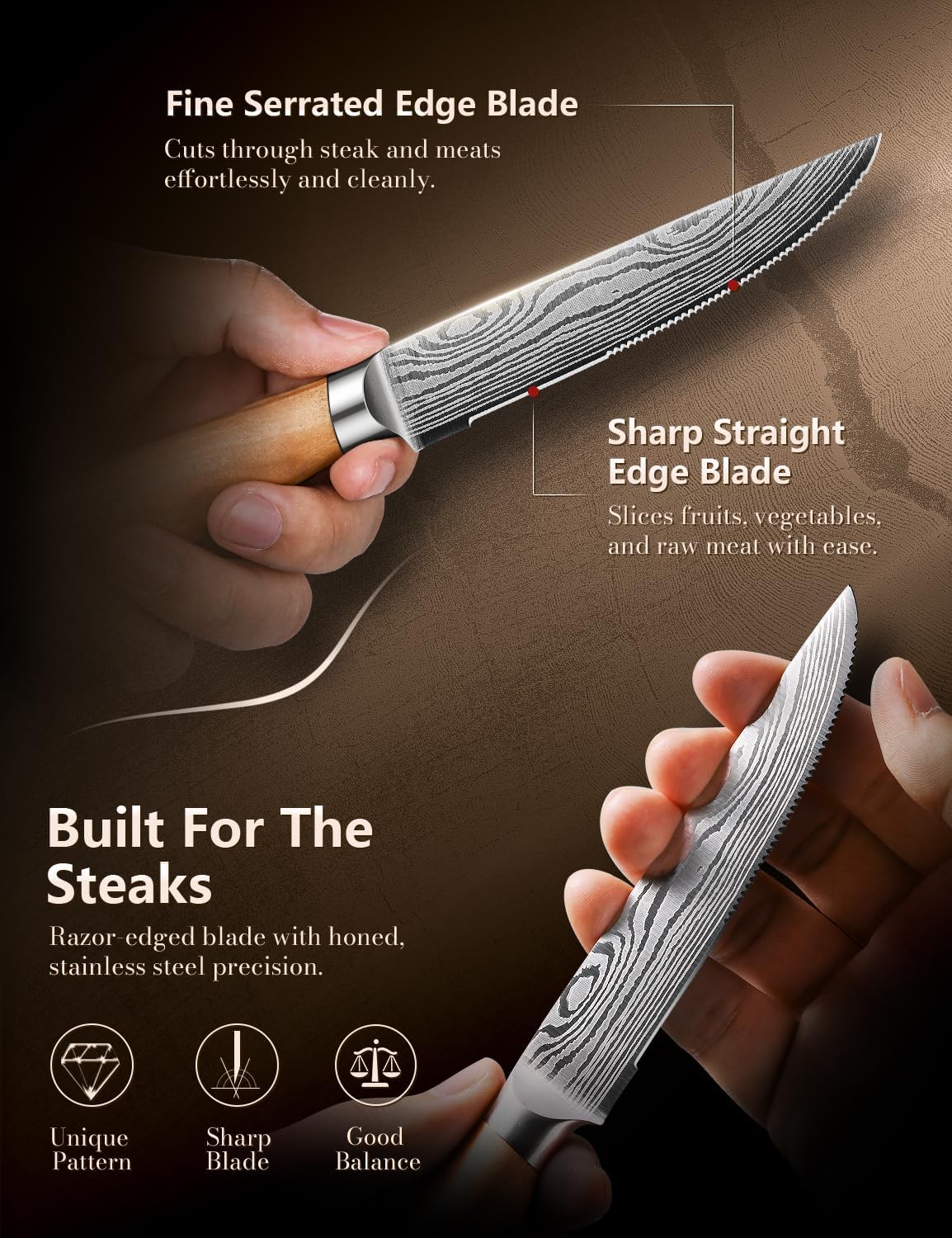 Steak Knives Set of 6, 4.5 Inches Serrated Steak Knife Set, German Stainless Steel Kitchen Steak Knives with Original Olive Wood Handle and Wooden Gift Box