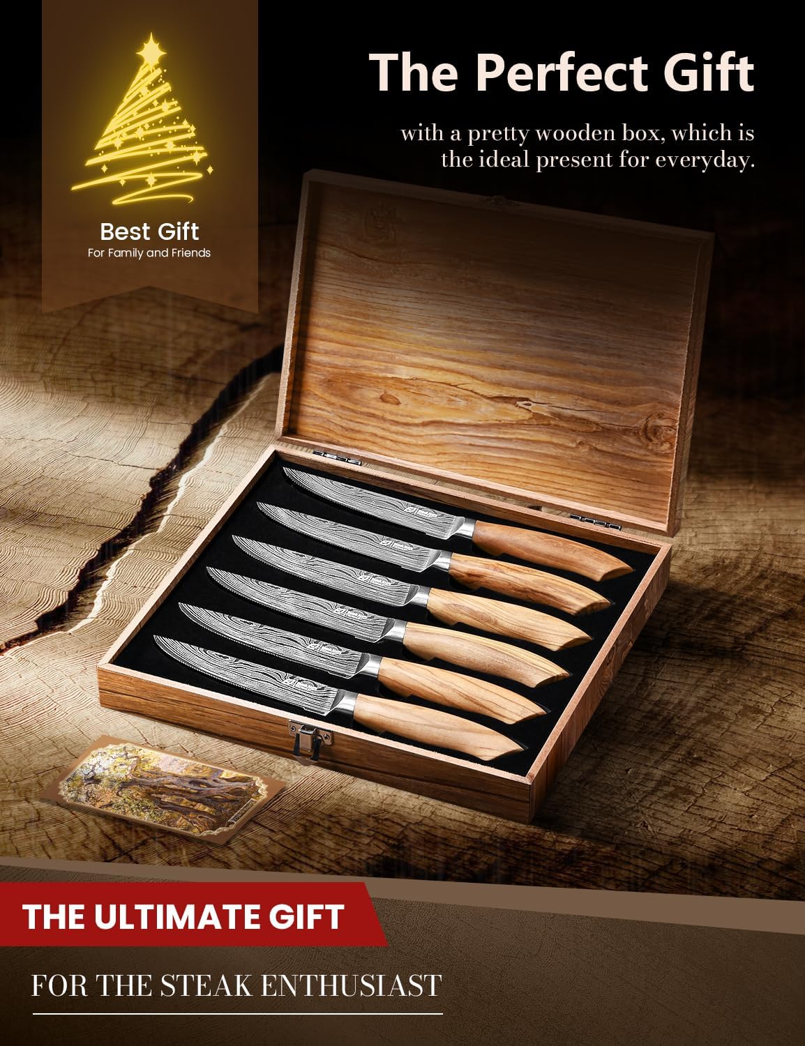 Steak Knives Set of 6, 4.5 Inches Serrated Steak Knife Set, German Stainless Steel Kitchen Steak Knives with Original Olive Wood Handle and Wooden Gift Box