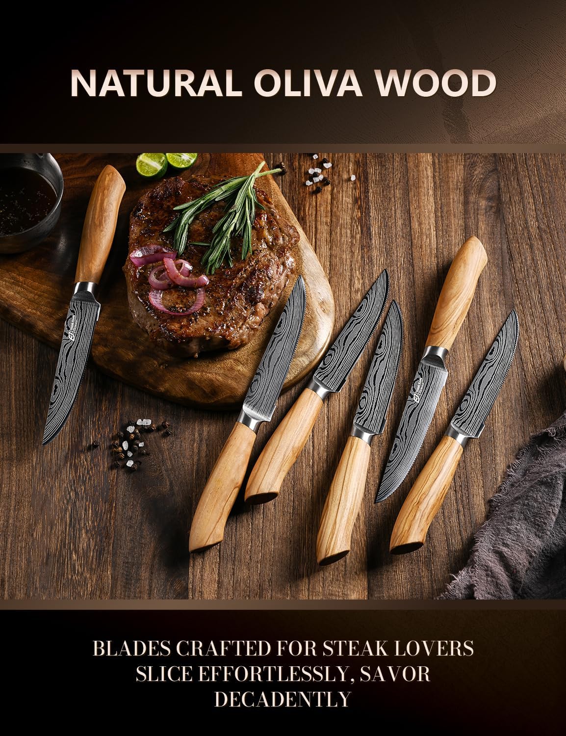 Steak Knives Set of 6, 4.5 Inches Serrated Steak Knife Set, German Stainless Steel Kitchen Steak Knives with Original Olive Wood Handle and Wooden Gift Box