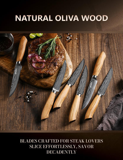 Steak Knives Set of 6, 4.5 Inches Serrated Steak Knife Set, German Stainless Steel Kitchen Steak Knives with Original Olive Wood Handle and Wooden Gift Box