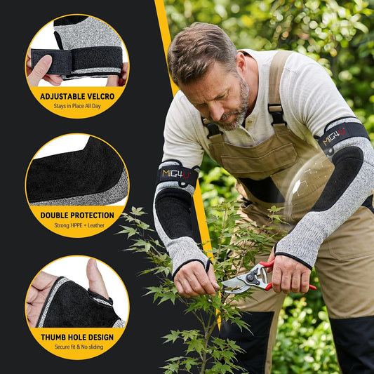 Cut Resistant Sleeves with Leather Patches, Arm Safety Protection for Men and Women Thin Skin, Anti Puncture Level 5 Protective Arm Sleeve in Gardening, Farm, Welding, 18''