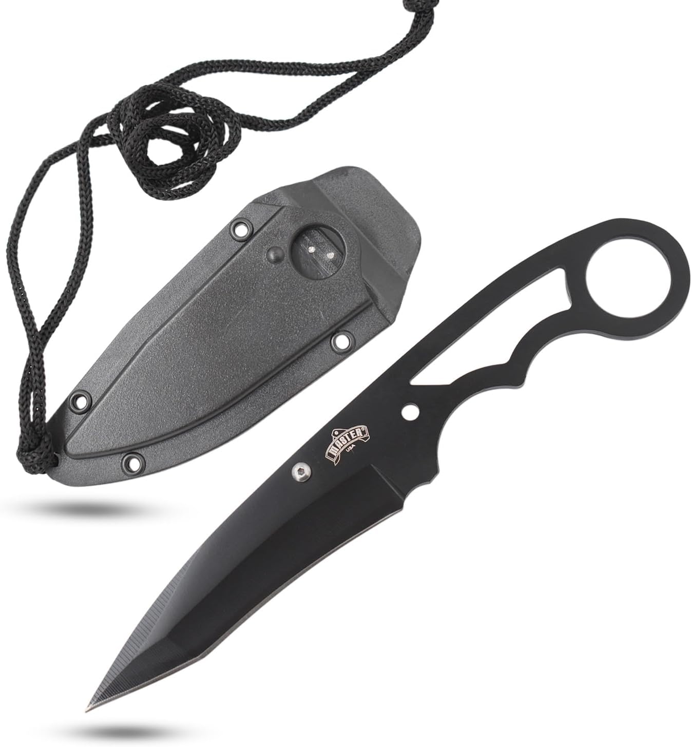 – Fixed Blade Neck Knife – Stainless Steel Blade & Handle, Hard Nylon Fiber Sheath w/Lanyard, Full Tang Construction, Tactical, EDC, Self Defense (Tan)
