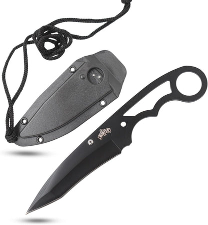 – Fixed Blade Neck Knife – Stainless Steel Blade & Handle, Hard Nylon Fiber Sheath w/Lanyard, Full Tang Construction, Tactical, EDC, Self Defense (Tan)