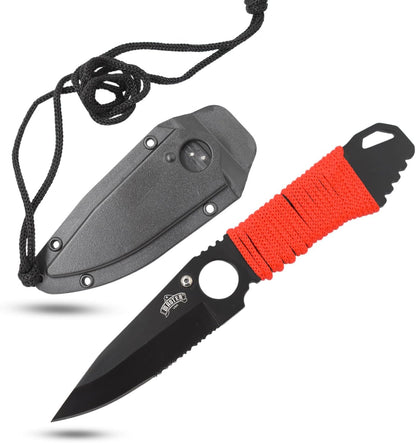 – Fixed Blade Neck Knife – Stainless Steel Blade & Handle, Hard Nylon Fiber Sheath w/Lanyard, Full Tang Construction, Tactical, EDC, Self Defense (Tan)