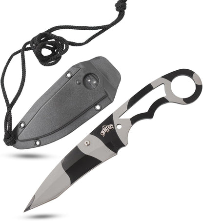 – Fixed Blade Neck Knife – Stainless Steel Blade & Handle, Hard Nylon Fiber Sheath w/Lanyard, Full Tang Construction, Tactical, EDC, Self Defense (Tan)